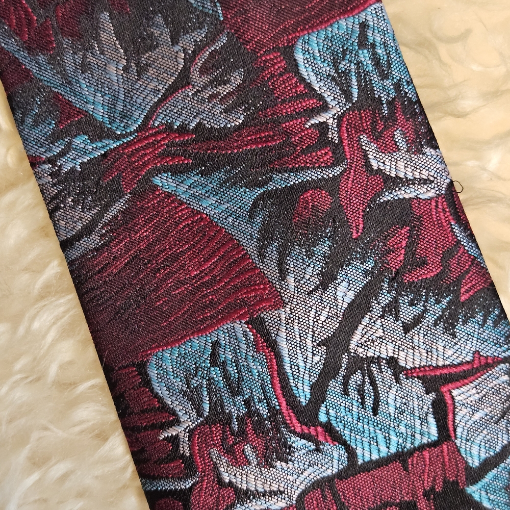 Vintage 1980s Men's SKINNY Floral-Pattern Tie in Burgundy, Teal & Black